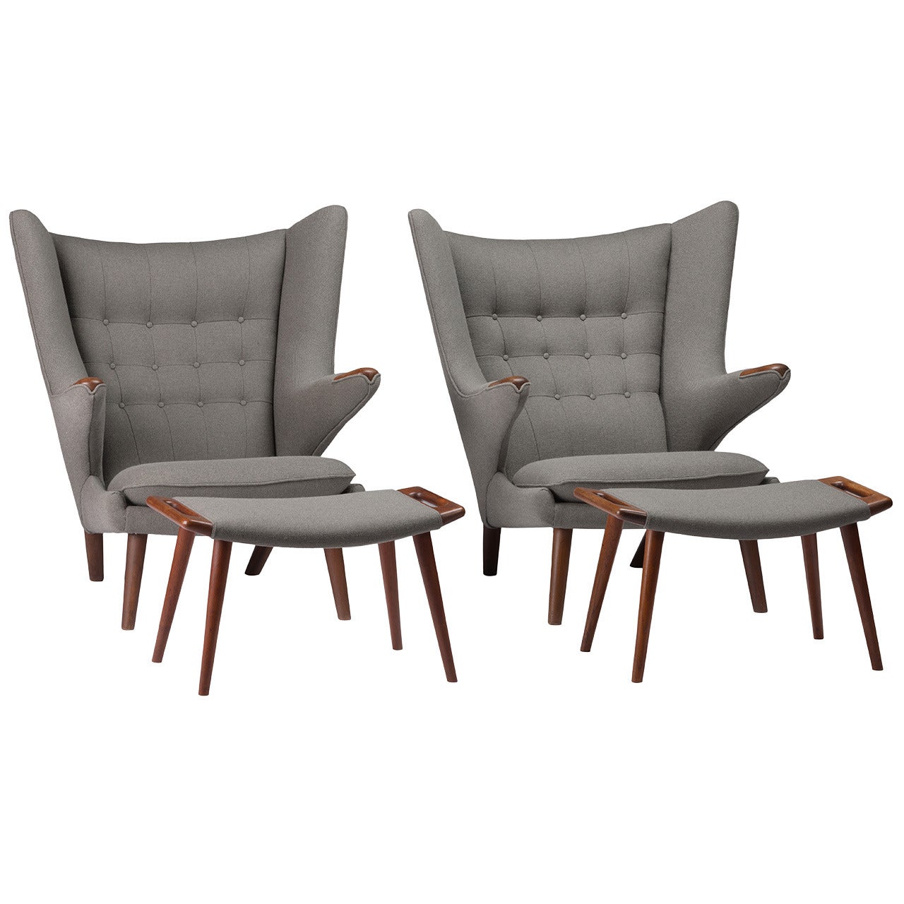 Pair of Hans Wegner Papa Bear Chairs with Ottomans