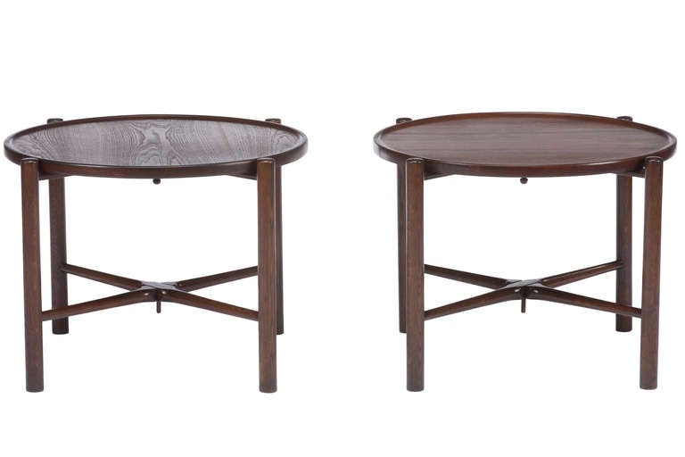 Pair of stained oak folding tables by Hans Wegner and Manufactured by Andres Tuck. Signed.