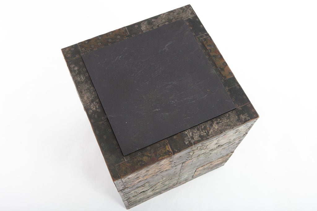 Paul Evans patchwork side table in pewter,copper and brass with inset slate top Manufactured by Directional Furniture.