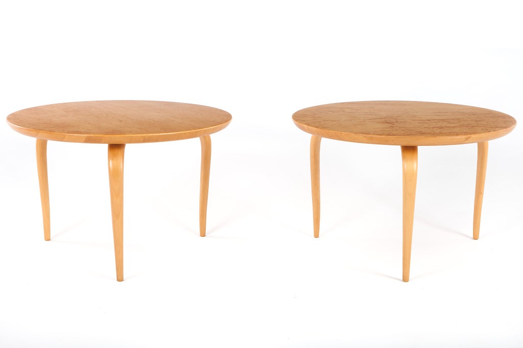 Pair of side tables designed by Bruno Mathsson and manufactured by Firm Karl Mathsson. Tops with highly figured burled birch veneer. Signed to bottom of tables.