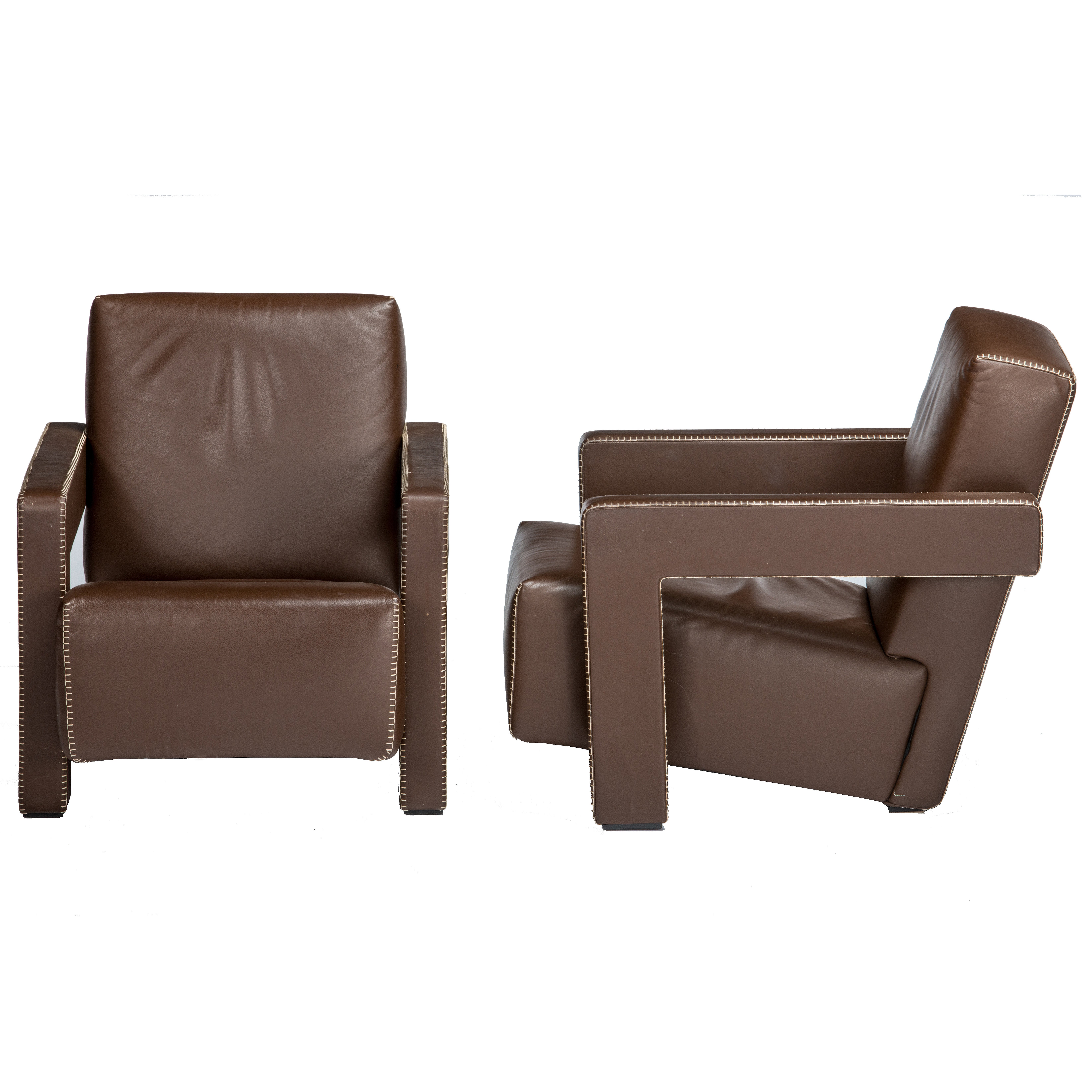 Pair of Brown Leather Gerrit Rietveld "Utrecht" Chairs