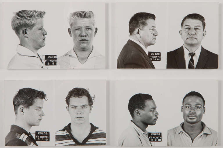 Large collection of original, vintage mugshots circa 1960, Fort Worth, Texas. Mounted and framed. 48 x 24 framed.