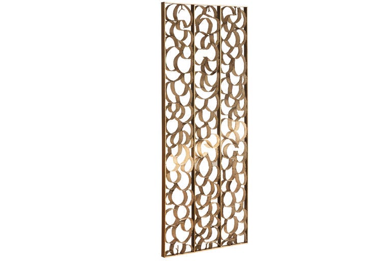 Rare and unique studio made Paul Evans room divider, screen or architectural element, circa 1960. Intricate torch-cut metal and gilt work reminiscent of Evans' designs on Sculpture Front, Loop Front and Verdigris cabinets that is rarely seen in a