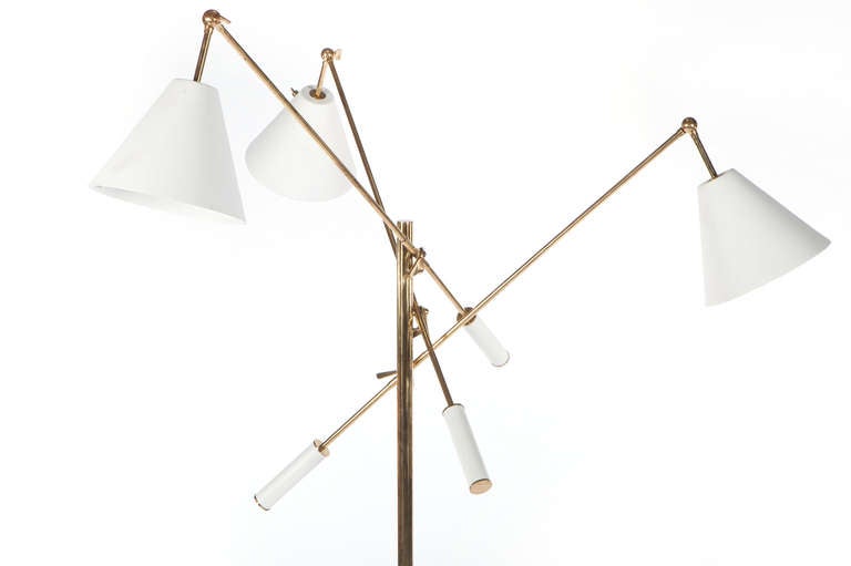 Early brass Arredoluce Triennale floor lamp by Gino Sarfatti for Arredolce, Italy c. 1958.Re-painted white handles and cone shades. Original floor step switch. Marked 