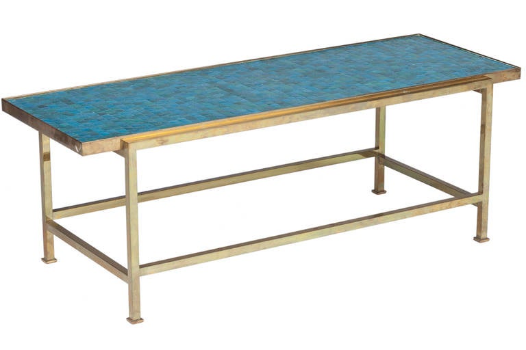 Beautiful murano  varies blue and green tile toped table on a brass frame designed by Edward Wormley for Dunbar. Some tarnishing to brass.