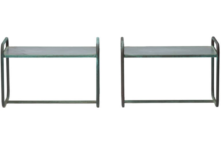 Pair of low tables in bronze with original glass by Walter Lamb, circa 1959. Tables with great green patina.