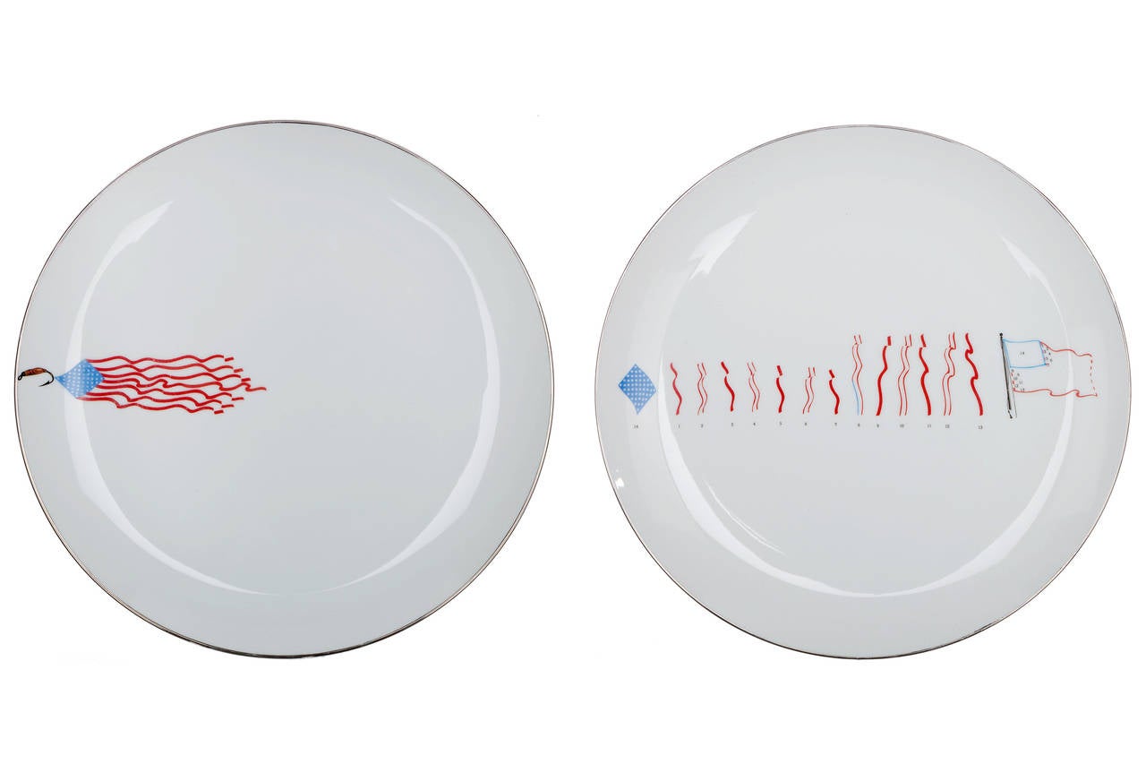 Using store-bought white plates and ready-made ceramic decals Kottler made elegant tableware featuring appropriated imagery skillfully collaged into social and political commentary.  This collection of works from the American Supperware series