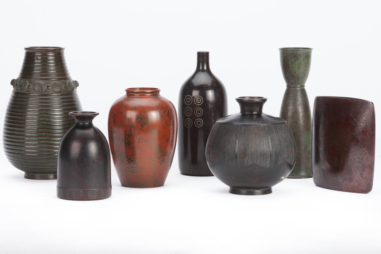 Fantastic collection of Japanese modernist bronzes in varies shapes, sizes and patinas. Some signed.