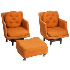 Pair of Edward Wormley Swivel Lounges and Ottoman for Dunbar