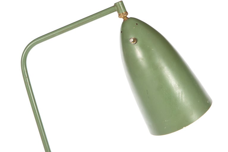 All original Greta Grossman green grasshopper floor lamp manufactured by Ralph O. Smith.Lamp is in working order. Lamp in very good original condition. Minor paint lost to feet.