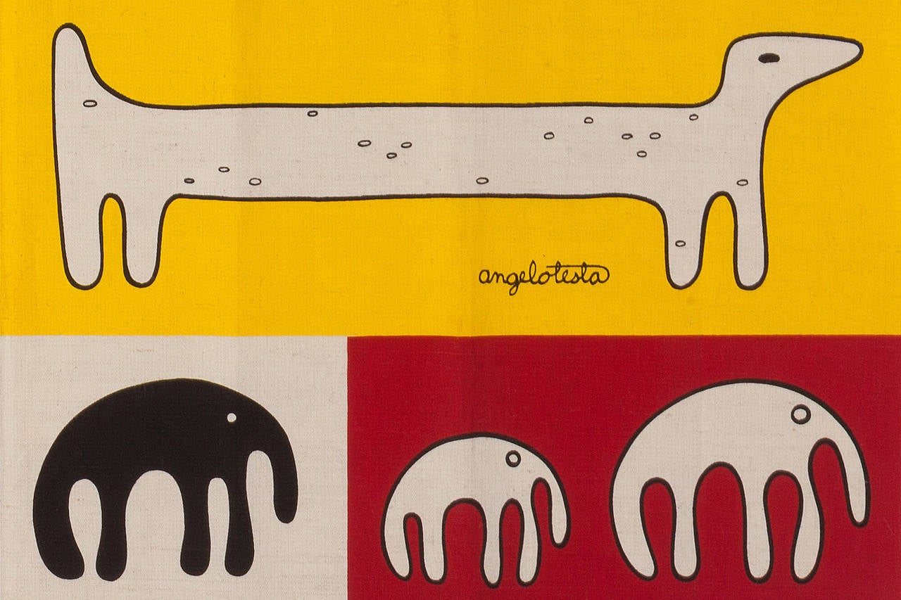 Skurriler Druck auf Leinwand des bekannten Künstlers und Textildesigners Angelo Testa. Großdruck mit Darstellung von Hunden und anderen biomorphen Tieren.