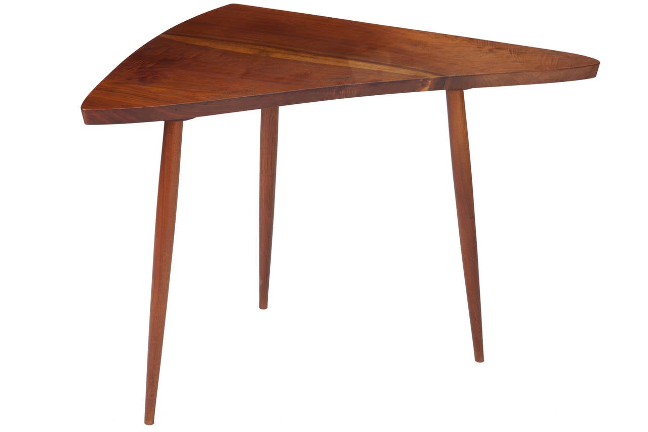 Unusually sized lamp, corner, or side table with a sap grained top on 3 legs. Circa 1961. Signed with clients name to bottom. Table with provenance.