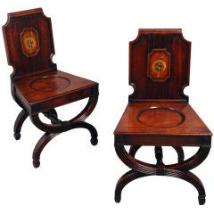 Antique Important Pair George III Armorial Mahogany Hall Chairs