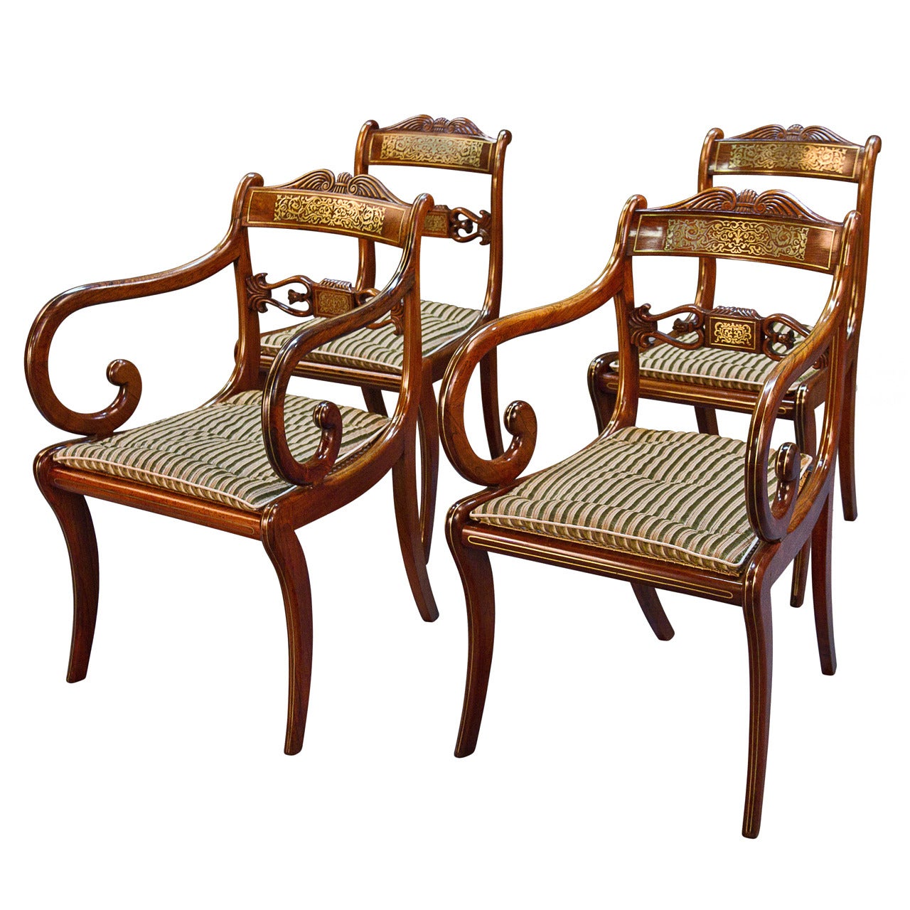 Very Rare Long Set of 16 George III Brass Inlaid Goncalo Alves Dining Chairs For Sale