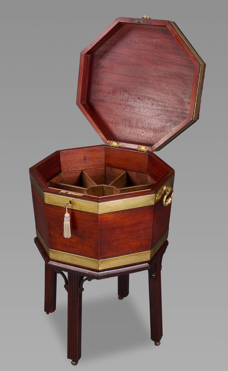 18th Century and Earlier Fine 18th Century Mahogany and Brass Bound Octagonal Cellaret on Stand