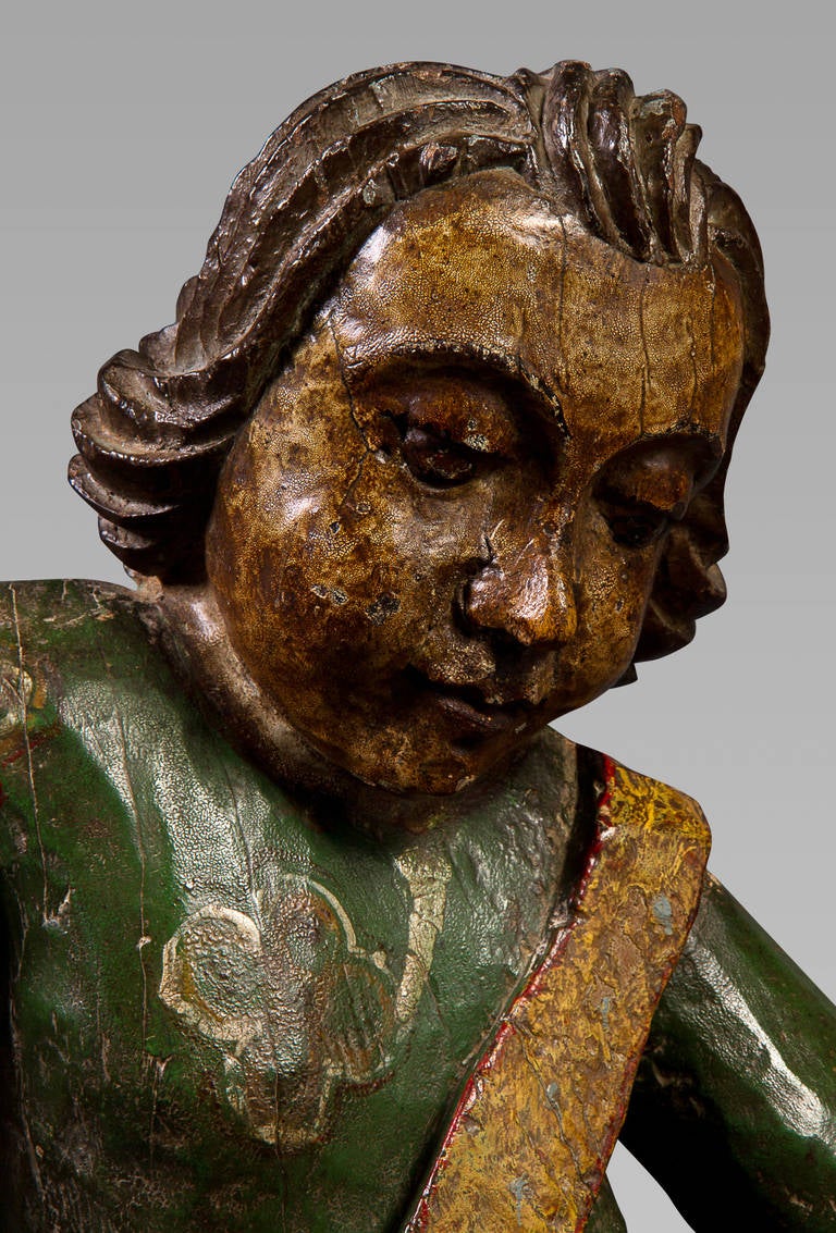18th Century and Earlier Delightful 17th Century Spanish Polychrome Carving of a Child For Sale