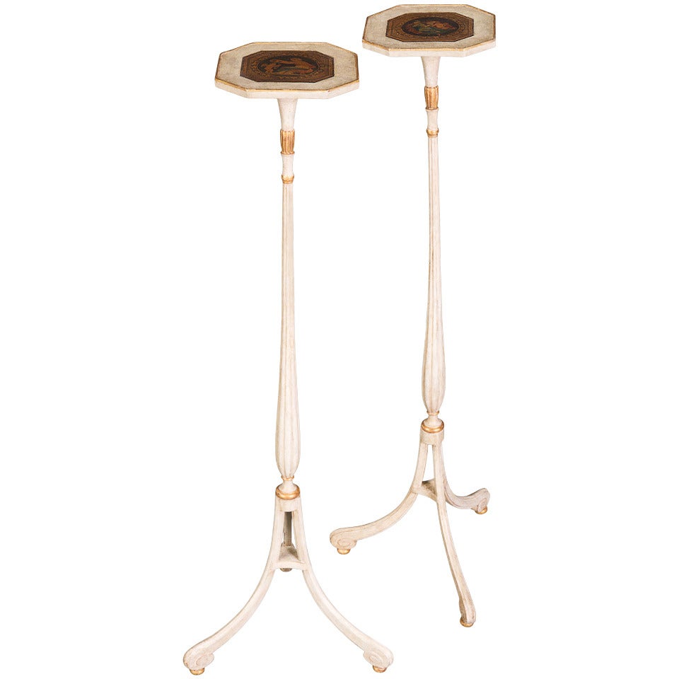 Attractive Pair of Late 18th Century White Painted and Parcel-Gilt Candle Stands For Sale