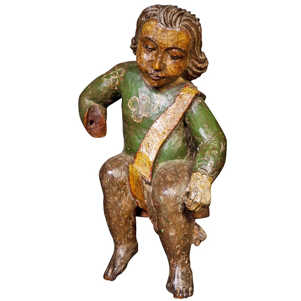 Delightful 17th Century Spanish Polychrome Carving of a Child For Sale