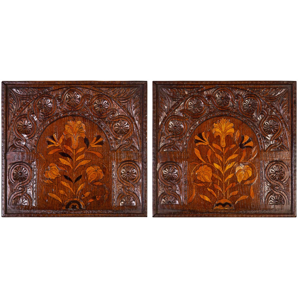 Pair of 17th Century Oak and Marquetry Panels