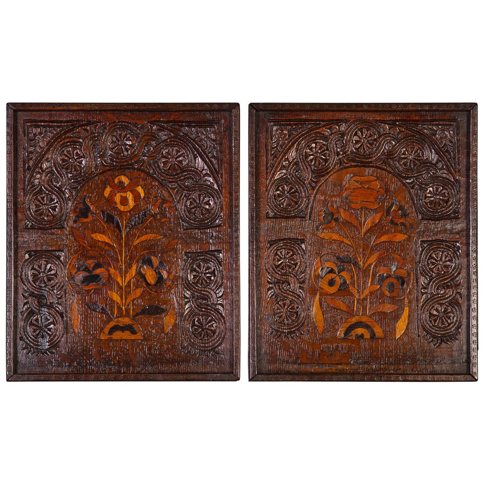 Pair of 17th Century Oak and Marquetry Panels For Sale
