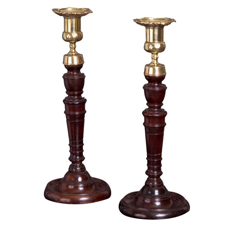 Pair of George III Mahogany and Cast Brass Candlesticks For Sale