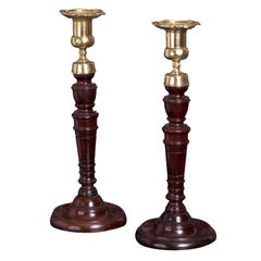 Antique Pair of George III Mahogany and Cast Brass Candlesticks