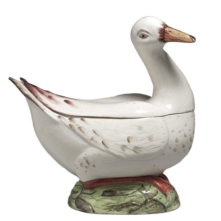 An amusing and rare Faience Goose tureen and cover For Sale