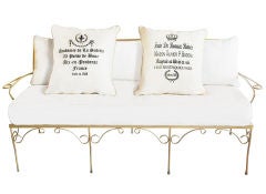 Unique Gold Outdoor Settee with French Calligraphy Cushions
