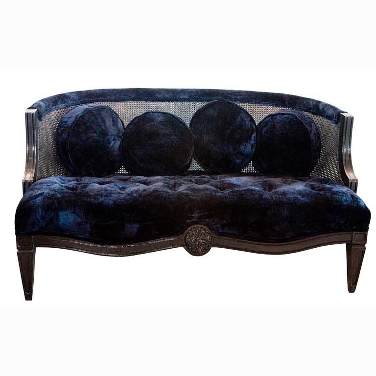 Vintage Charcoal Settee with Navy Blue Crushed Velvet For Sale