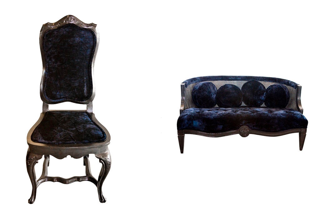 Lovely hi-gloss charcoal French boudoir chair with navy blue crushed velvet upholstery. Size: 41H x 18.5H x 15 D.  Also see accompanying settee.