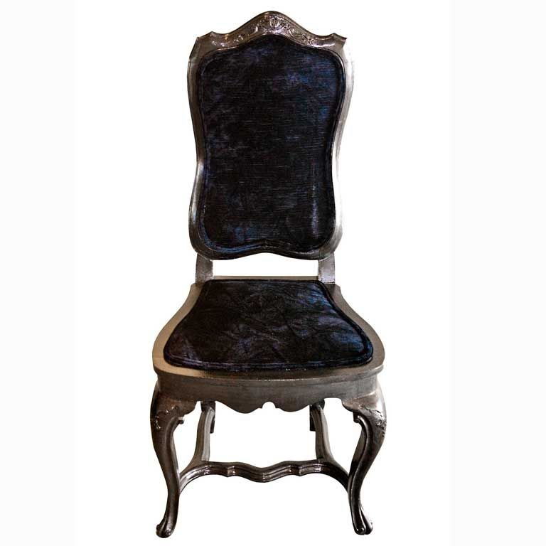 Charcoal French Boudoir Chair with Navy Blue Crushed Velvet For Sale