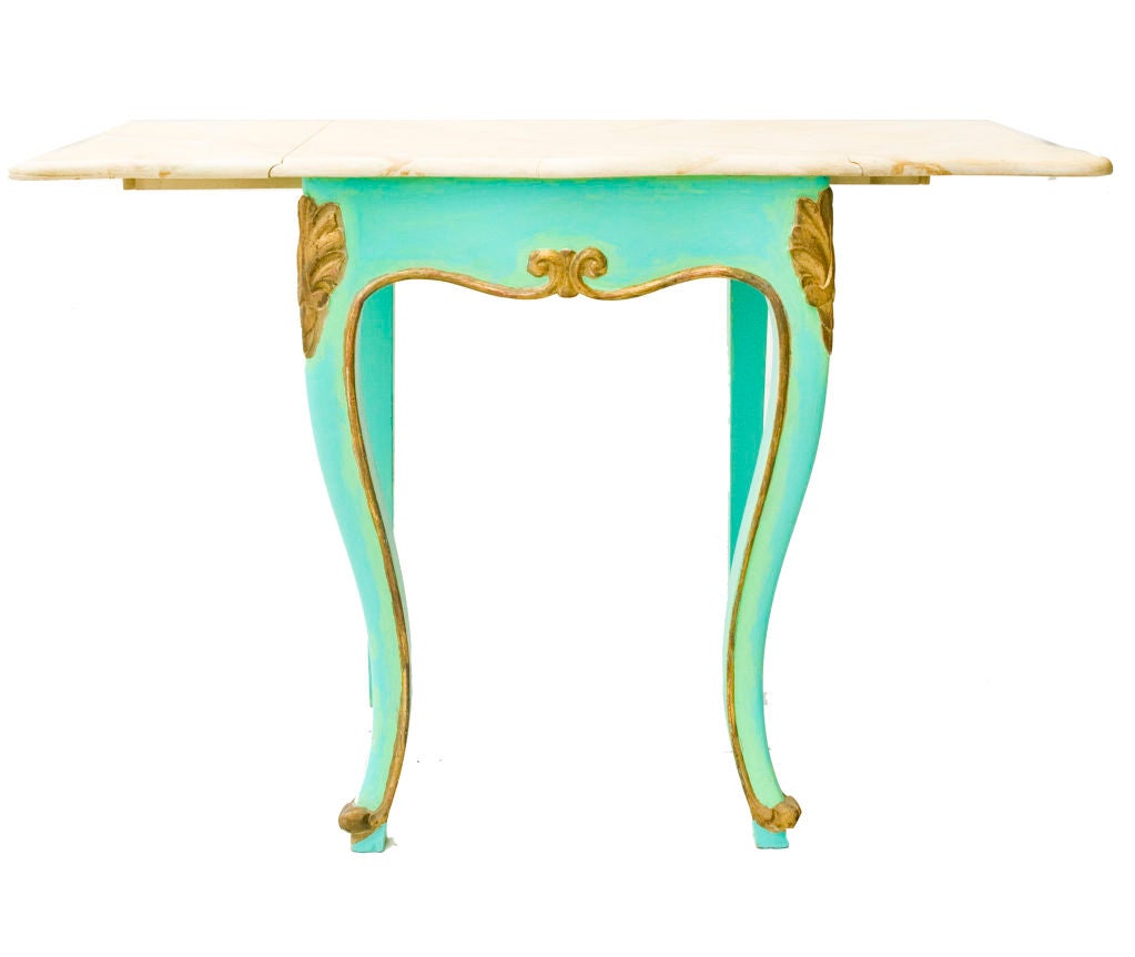 Drop Leaf Side Table with Faux Marble Top. Turquoise base with Gold Trim. Size: 21.5W x 17D x 28.25H. Opens to 41W x 17D x 28.25H.