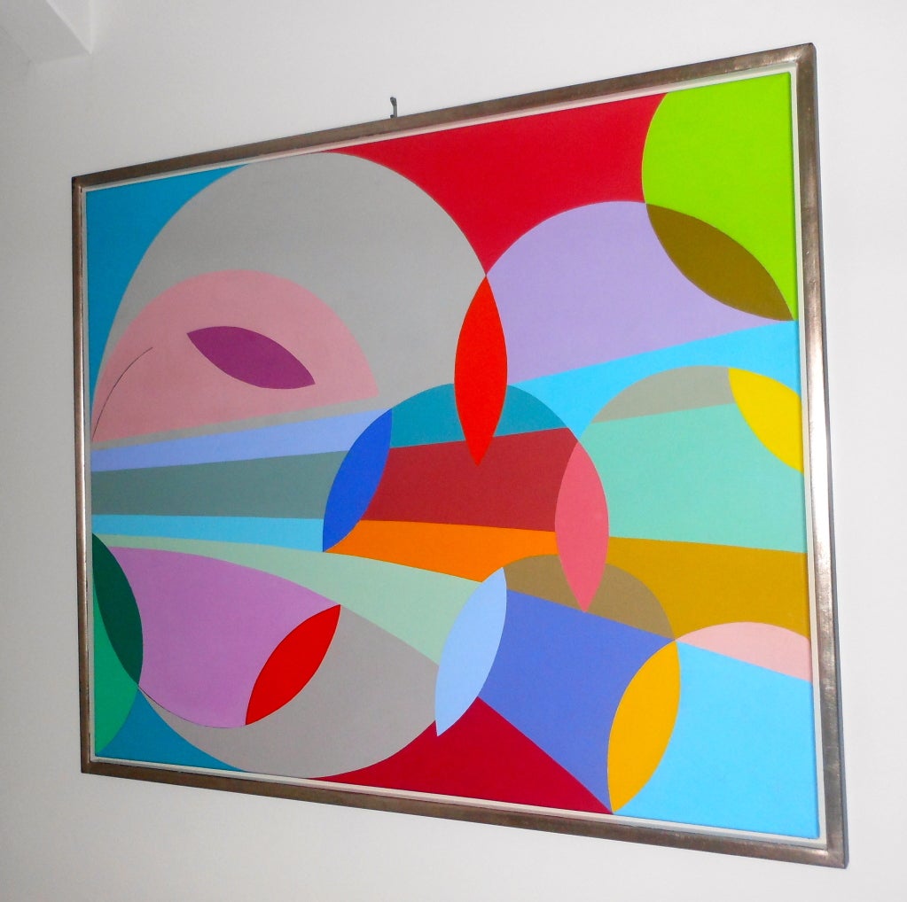 A beautiful and colourful abstract composition in a rhythmic and  symmetrical style; 3 dimensional
Lillian de`Neergaard is married to the famous Sculptor Jesper Neergaard.
Now living in Denmark.

H 45.50