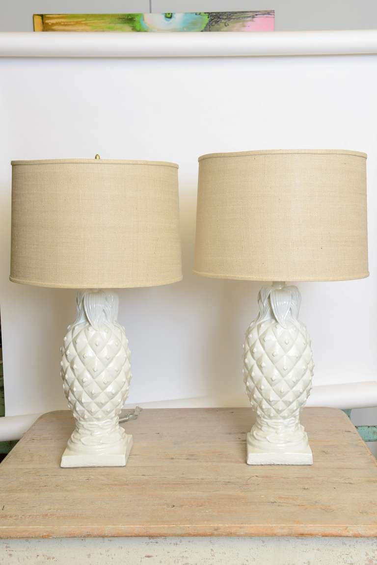 A Pair of American Ceramic White Pineapple Lamps For Sale at 1stDibs