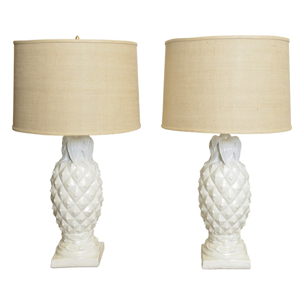 A Pair of American Ceramic White Pineapple Lamps For Sale at 1stDibs