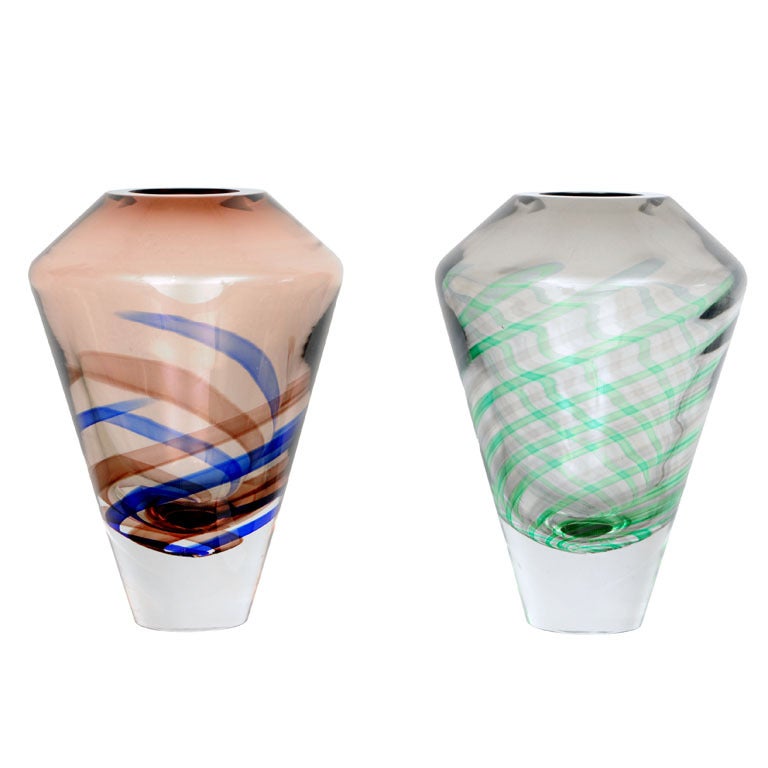 Mid Century Pair of Murano Glass Vases Signed Salviati For Sale