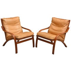 Pair of Danish Modern Mahogany and Leather Armchairs by Mogens Hansen