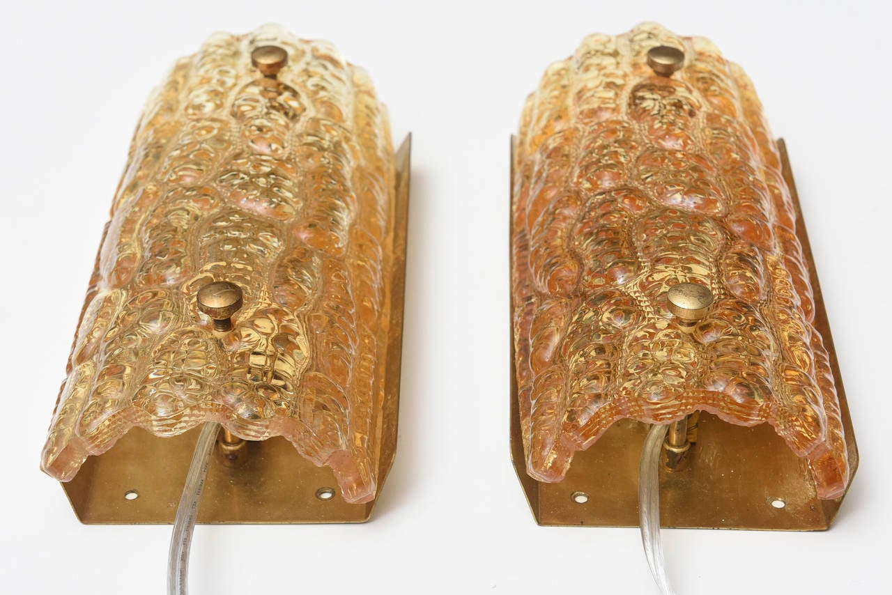 Swedish Carl Fagerlund for Orrefors Pair of Amber Glass Wall Sconces  Circa 1960s For Sale