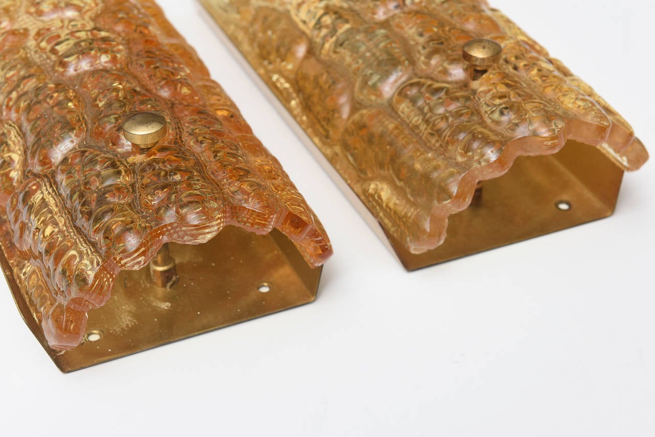 Mid-20th Century Carl Fagerlund for Orrefors Pair of Amber Glass Wall Sconces  Circa 1960s For Sale
