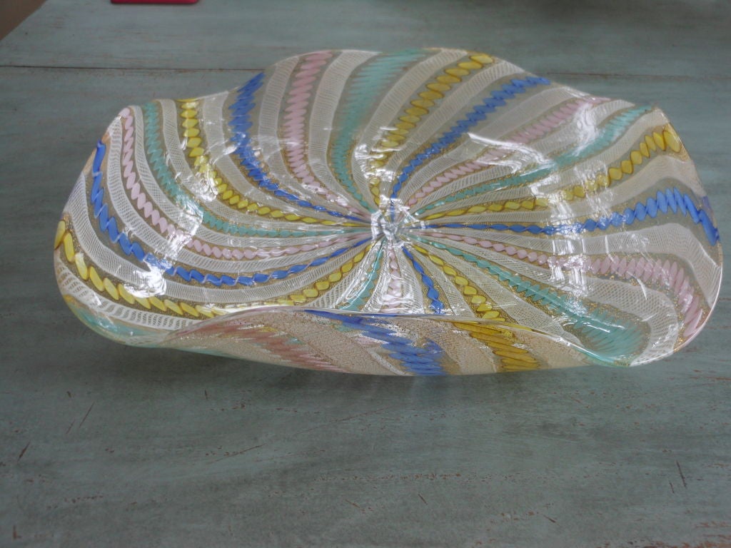 Heavy, large rectangular pinwheel Murano bowl with swirling filigree of pastel colors such as pink, yellow, blue and green, with gold fusions.

Measures: 12.75
