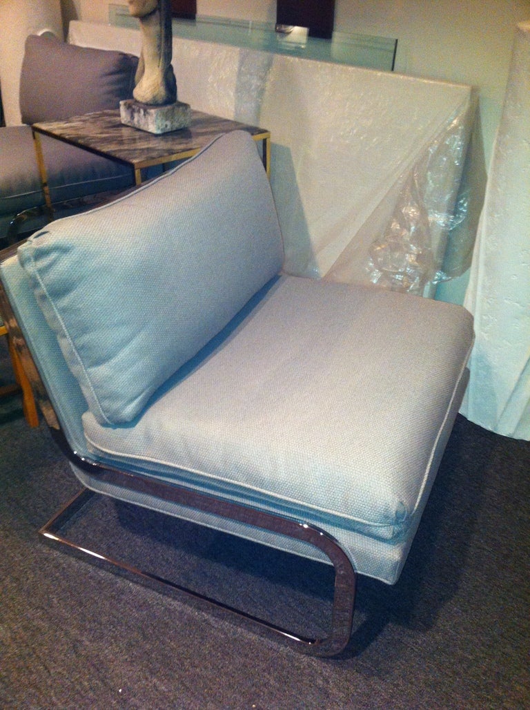 Pair Milo Baughman Style polished Chrome Grey fabric 60's Armless club chairs, Cantilever Design .