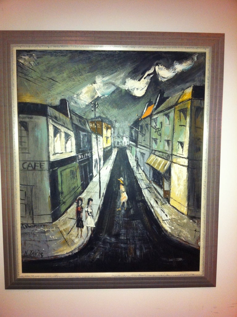 Circa 1950's Nicholas Takis { 1903-1965}Street scene Modernist Painting on board .picturing  bijou jewelry store,restaurant ,and hotel with women.in a silver leaf frame
he is in the Rockefeller collection as well as Helena Rubinstein, and Hirshorn