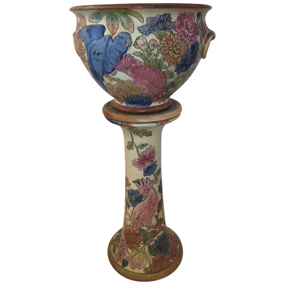 Weller Rare Ceramic Parrot Jardiniere Pedestal