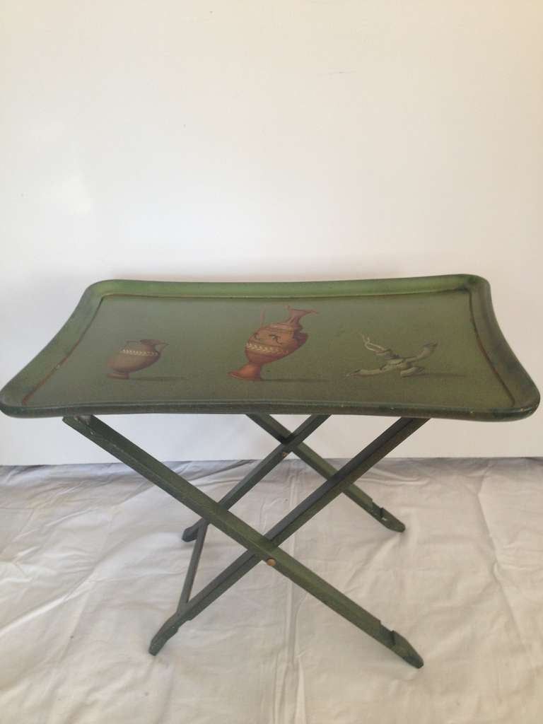 Mid-20th Century Carole Stuppell Hand Painted Folding Tea Tables with Stand For Sale