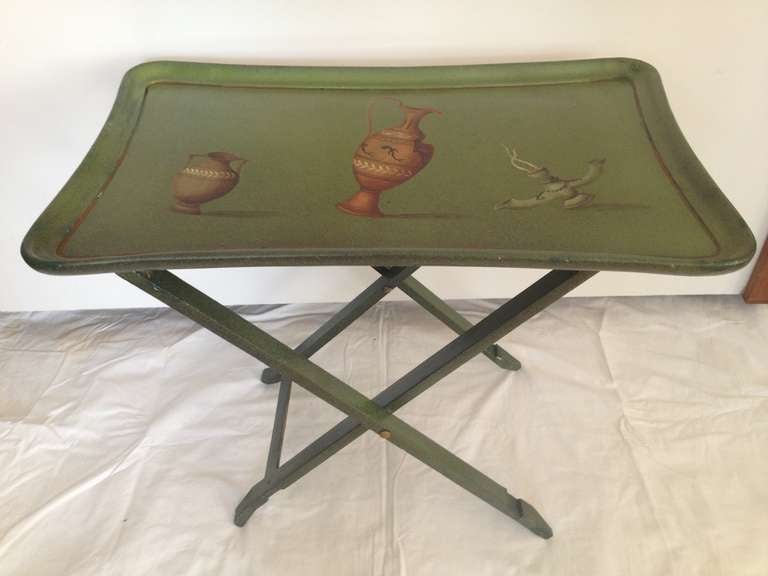 Carole Stuppell Hand Painted Folding Tea Tables with Stand In Excellent Condition For Sale In Westport, CT