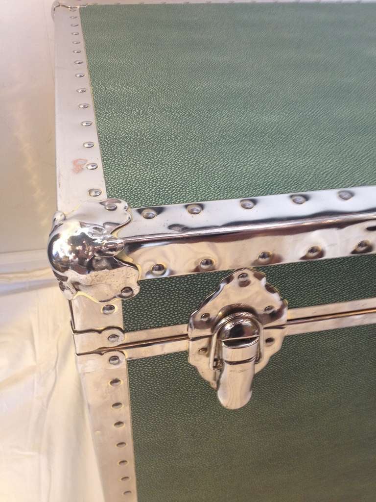 Chrome Faux Shagreen Green Trunk In Excellent Condition In Westport, CT