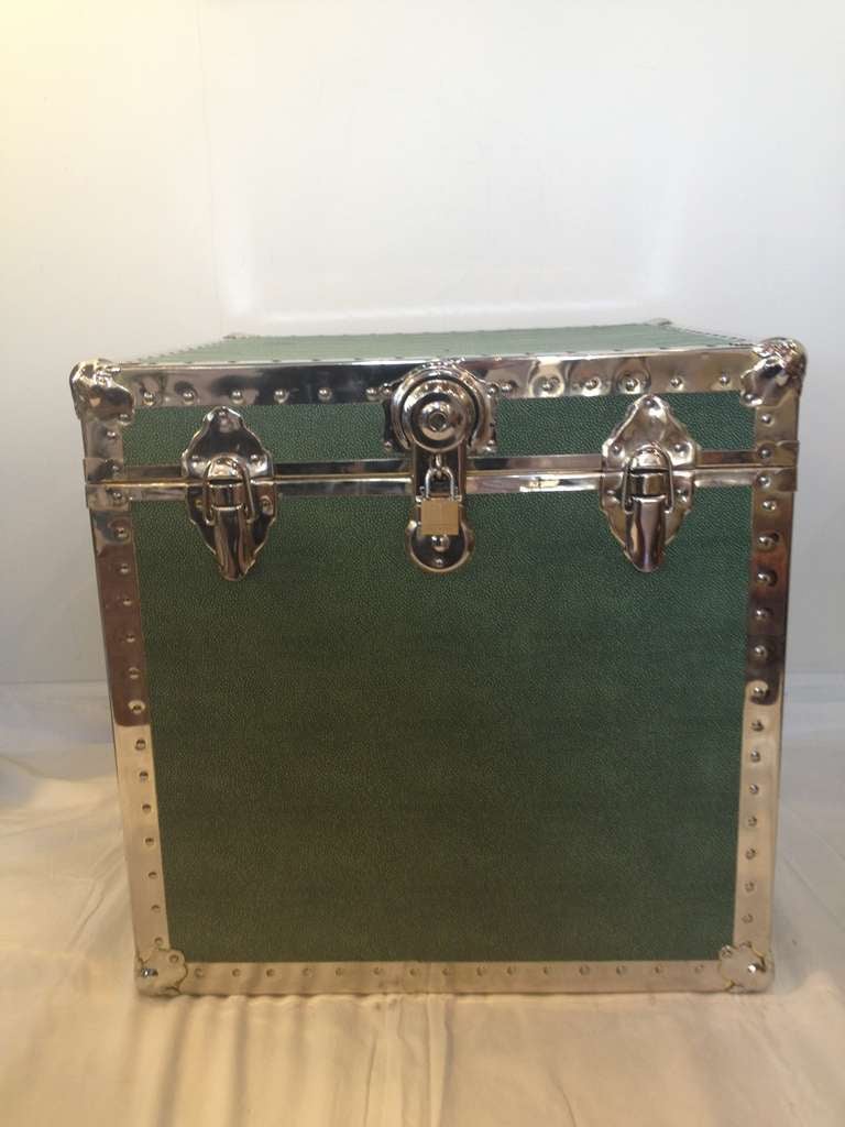 Polished Chrome and green Faux Shagreen Vintage Trunk exceptional condition and detail with cedar interior,great for storage or to stack ,or use as end table