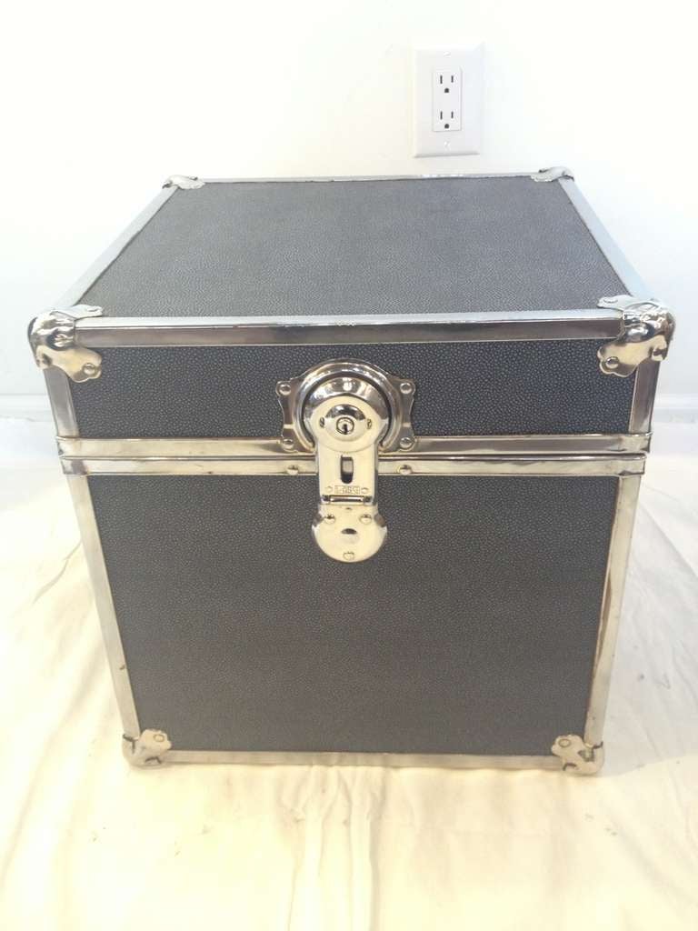 Mid-Century Modern Polished Chrome Faux Shagreen Slate Blue Trunk