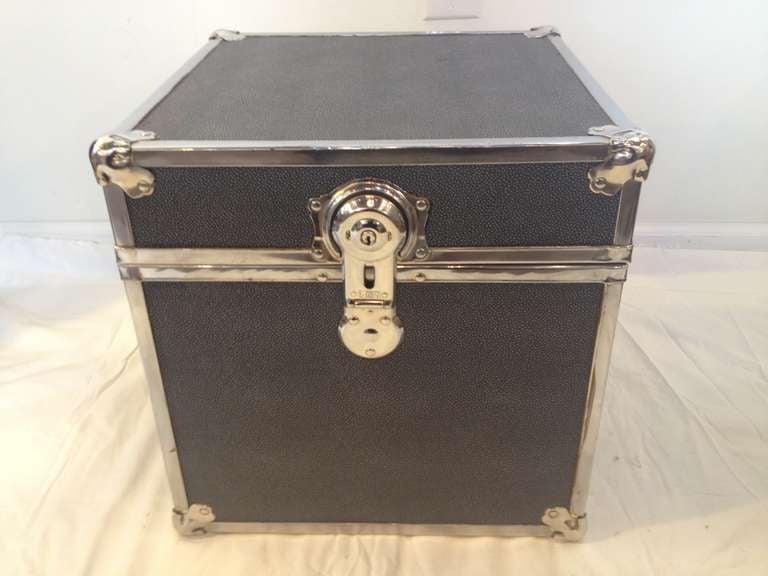 Small Polished Chrome detailed Slate blue Faux Shagreen Trunk with handles,use as end table or storage or,stack ,with wall paper interior original