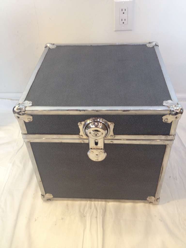 Polished Chrome Faux Shagreen Slate Blue Trunk In Excellent Condition In Westport, CT